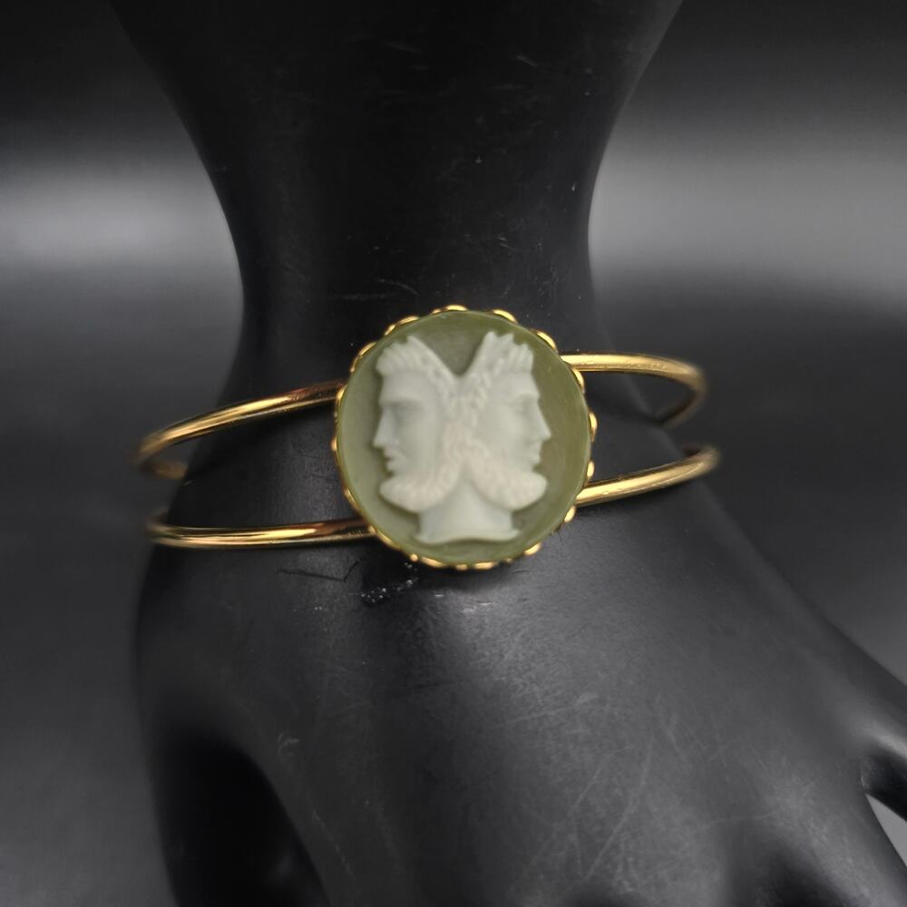 Vintage Green Janus Cameo Cuff Bracelet Double Face Gold Tone Vintage